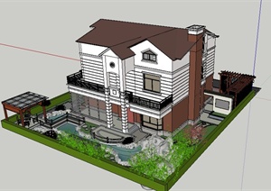 现代中式别墅建筑及庭院景观SU(草图大师)模型
