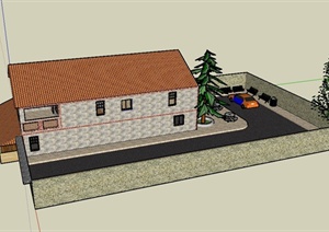 某两层带庭院的住宅小屋建筑设计SU(草图大师)模型