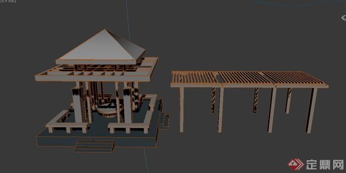 木质廊架与四角亭设计3DMAX模型(1)