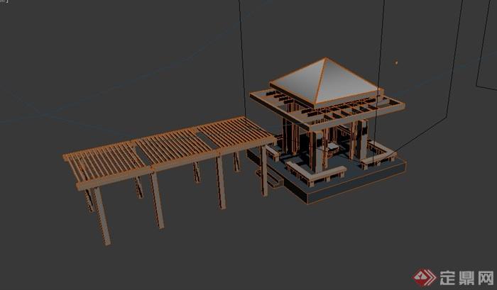 木质廊架与四角亭设计3DMAX模型(2)