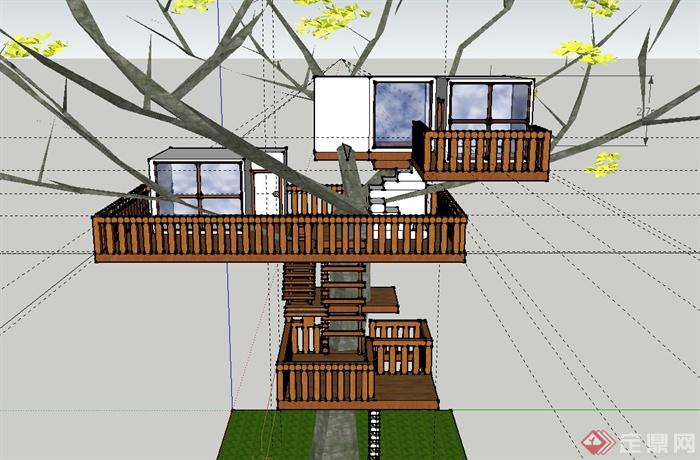某三台树屋建筑设计SU模型(1)