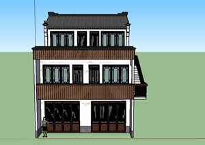 某古典中式三层商住房建筑设计SU(草图大师)模型