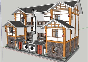 现代中式双拼别墅建筑设计SU(草图大师)模型