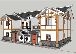 现代中式二层双拼别墅建筑设计SU(草图大师)模型