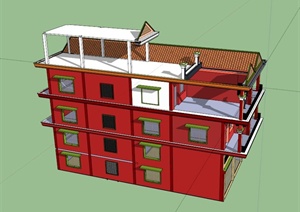三层特色住宅楼建筑设计SU(草图大师)模型