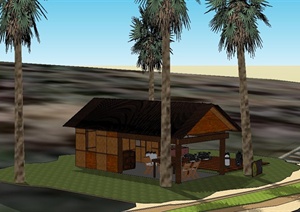 某东南亚风格单层休闲小屋建筑设计SU(草图大师)模型