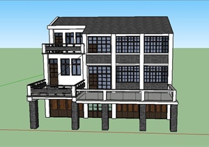 某古现代结合中式三层住宅建筑设计SU(草图大师)模型