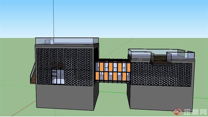 某现代中式方形两栋联接办公楼建筑设计SU模型(2)
