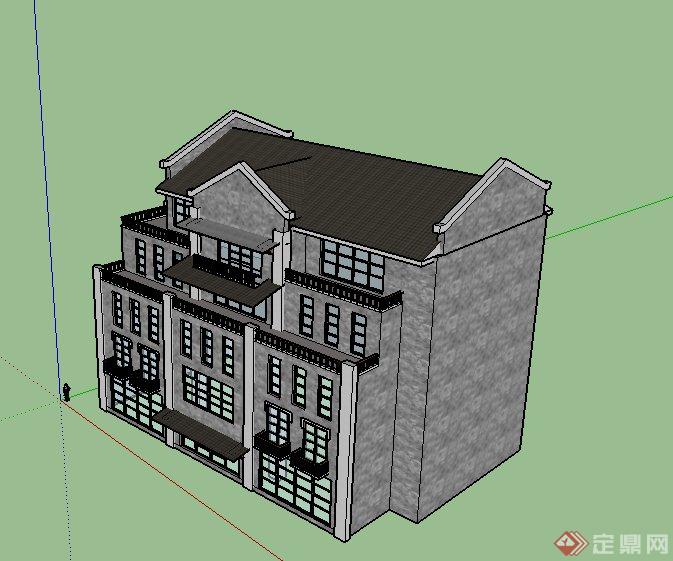 某现代中式风格多层综合建筑设计SU模型(3)