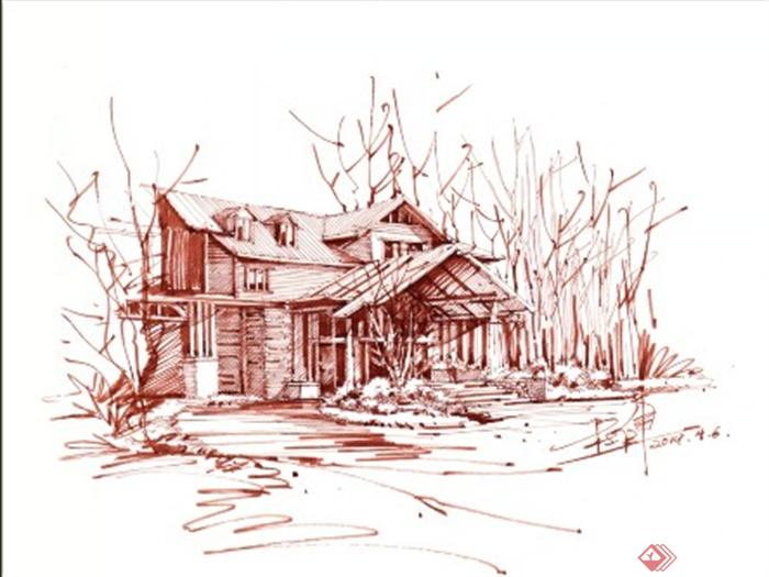 木屋,全景图,手绘,东南亚风格,两层住宅建筑