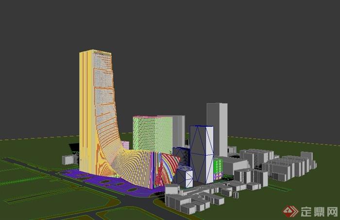 现代某L形高层办公区建筑设计3DMAX模型(1)