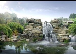 某公园瀑布景观设计PSD效果图