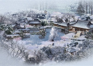 某古典中式风格盆景园雪景设计PSD效果图