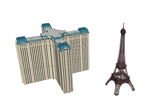某十字形高层办公建筑与埃菲尔铁塔建筑设计SU(草图大师)模型