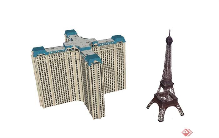 某十字形高层办公建筑与埃菲尔铁塔建筑设计SU模型(1)