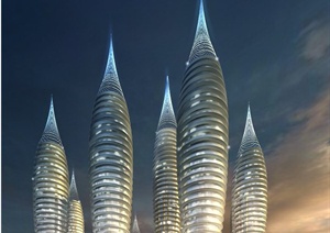 现代多栋高层螺旋带式办公建筑设计3DMAX模型与PSD效果图