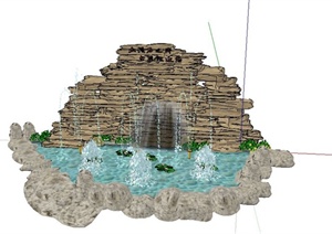 园林景观节点喷泉假山结合设计SU(草图大师)模型