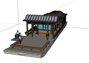 某古典中式单层船房式茶室建筑设计SU(草图大师)模型