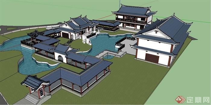 中式风格茶社建筑设计su模型(2)