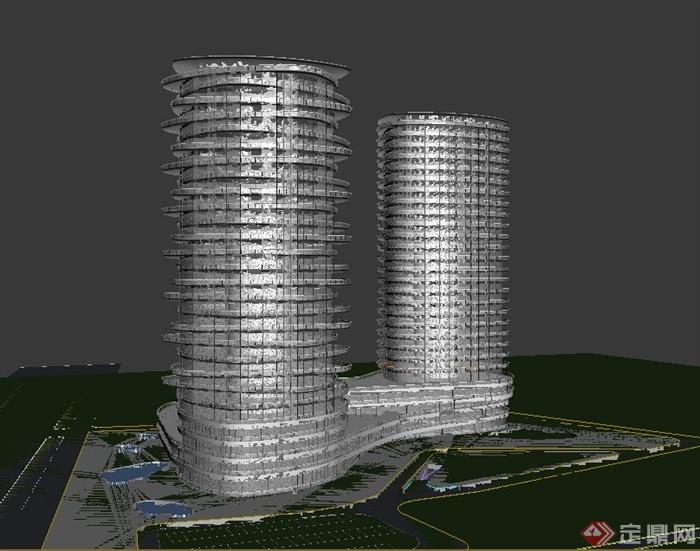 现代两栋连接式高层办公建筑设计3DMAX模型(1)