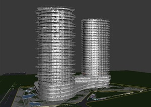 现代两栋连接式高层办公建筑设计3DMAX模型