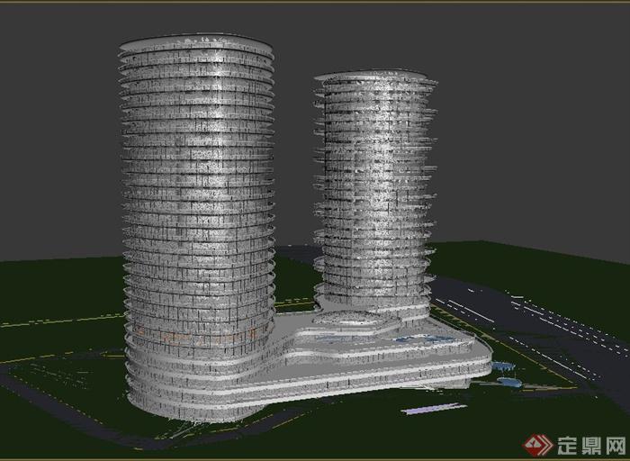 现代两栋连接式高层办公建筑设计3DMAX模型(3)