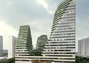某现代三栋基座连接高层酒店建筑设计3DMAX模型与PSD效果图