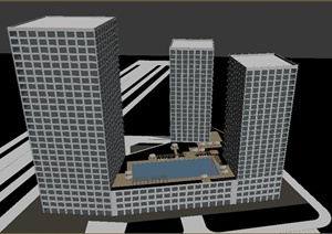 某现代基座连接的三栋高层办公大楼建筑设计3DMAX模型