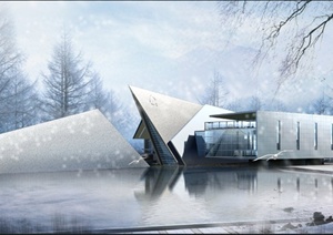 现代某多层别墅建筑设计雪景PSD效果图