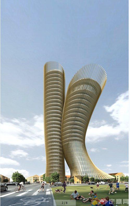 现代某高层两栋异形建筑设计3DMAX模型与PSD效果图(1)
