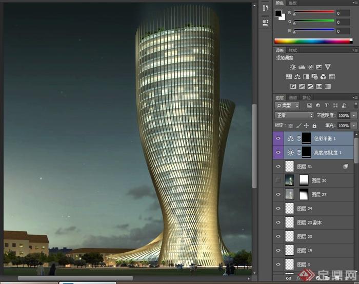 现代某高层两栋异形建筑设计3DMAX模型与PSD效果图(7)