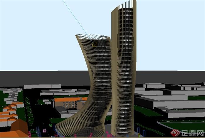 现代某高层两栋异形建筑设计3DMAX模型与PSD效果图(8)