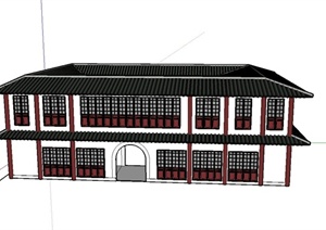 某古典中式风格两层四合院式禅房建筑设计SU(草图大师)模型