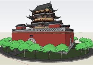 古典中式鼓楼建筑设计SU(草图大师)模型