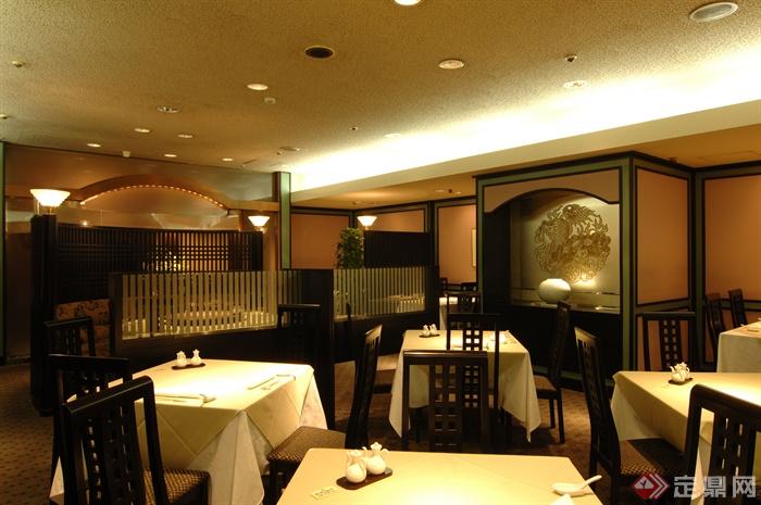 餐厅空间,方形餐桌椅,隔墙,灯饰,茶具