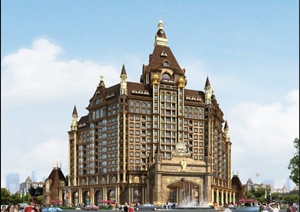 欧式风格酒店建筑设计3dmax模型（含效果图）
