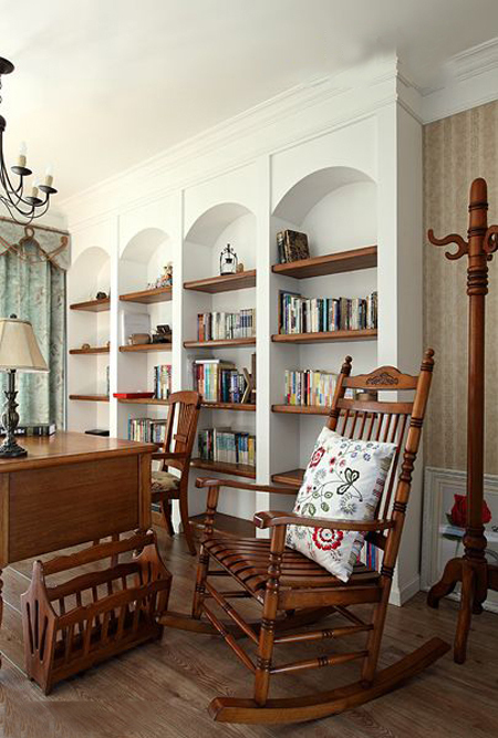 书房,书架,桌椅,木摇椅,衣帽架,灯饰