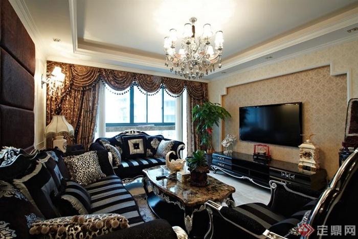 客厅,电视,电视柜,沙发,茶几,灯饰,窗帘