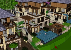 东南亚风格坡地度假别墅区建筑设计SU(草图大师)模型