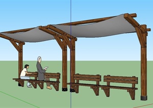 园林景观木制廊架及座椅组合SU(草图大师)模型