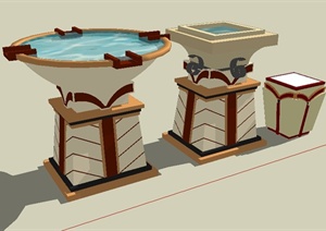 园林景观两款水钵及坐凳SU(草图大师)模型