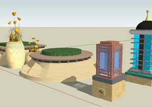 园林景观两款园灯、花钵、树池SU(草图大师)模型