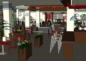 中式茶艺餐厅室内布置设计SU模型设计（带农家乐会所建筑SU(草图大师)模型）