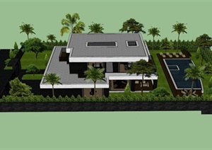 私人别墅建筑设计SU(草图大师)模型（带室内和庭院）