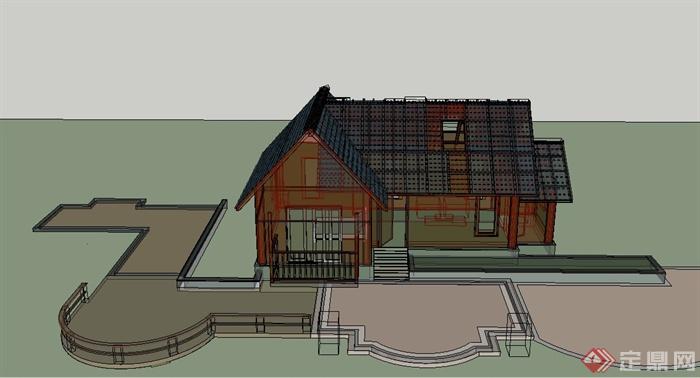 某单层别墅建筑设计CAD方案图+SU模型+PSD效果图(4)