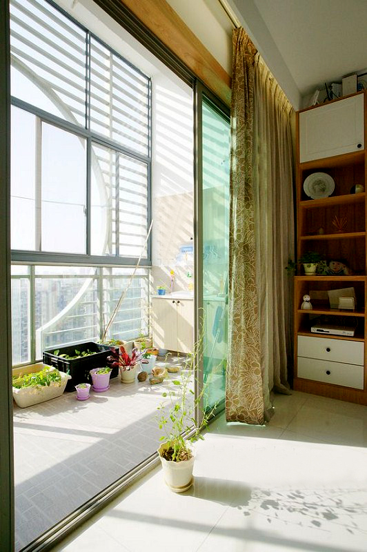 阳台,植物,玻璃门,置物柜