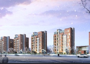 现代某高层住宅建筑冬天雪景设计PSD效果图