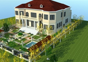 欧式风格别墅住宅建筑及庭院景观SU(草图大师)模型（含效果图）