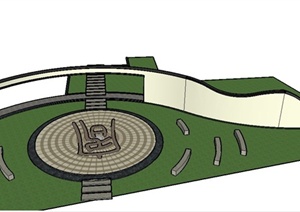 古典中式园林景观广场、景墙、坐凳组合设计SU(草图大师)模型