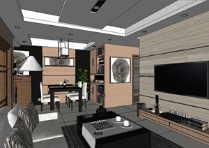 某现代三室一厅住宅室内装修设计SU(草图大师)模型